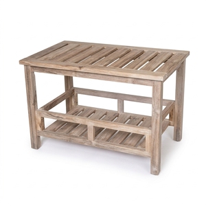 Tabouret en teck léger fait main Ananta avec assise à lattes, banc rustique moderne, meuble portable pour salle de bain et salon, vente en gros - Product Image 1