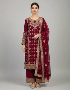 Ensemble pantalon en faux georgette épais avec broderie de sequins, entièrement cousu, prêt-à-porter, tenue de fête ethnique festive pour femmes - Product Image 1