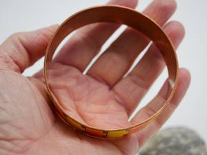 Luxury Handmade Copper Enamel Open Wristband Bangle Bracelet with Geometric Pattern Orange/Yellow Colorful Design <b>Gift</b> Set - Product Image 3