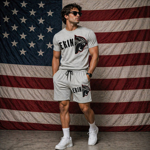 Ensemble t-shirt et short en coton gris pour homme Ekin, col rond, vêtements décontractés d'été avec impression du logo du panthère - Product Image 3