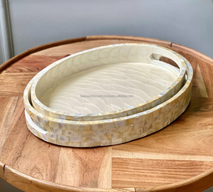 Plateau de service moderne en bois laqué, incrusté de nacre, fait main, écologique, léger, à motif floral, pour mariage - Product Image 6