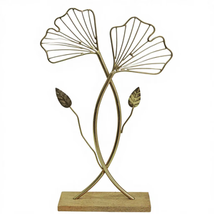 Sculpture en aluminium doré en forme de feuille de Ginkgo Biloba sur socle en bois - Décoration élégante en métal en forme de branche d'arbre pour la table, idéale pour une maison moderne - Product Image 1