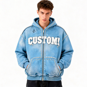 Nouveaux sweats à capuche pour hommes 100% coton épais, coupe oversize, avec strass et perles, logo brodé personnalisé, style vintage délavé, zippés - Product Image 1
