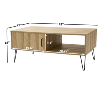 Table basse moderne en bois avec porte coulissante et compartiment de rangement ouvert, pieds en forme d'épingles à cheveux noirs pour salon, maison, appartement