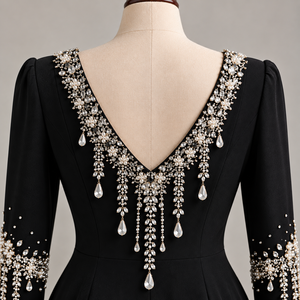 <b>Black</b> V-Neck <b>Floor</b>-<b>Length</b> Evening <b>Dress</b> Long Sleeve Maxi Gown Heavy Embellishment Party Banquet Wear - Product Image 5