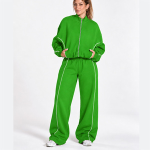 Conjunto de chándal de dos piezas para mujer al por mayor: Chaqueta con cremallera y contraste de líneas, pantalón de pierna ancha de ajuste relajado, ropa a juego. - Product Image 1