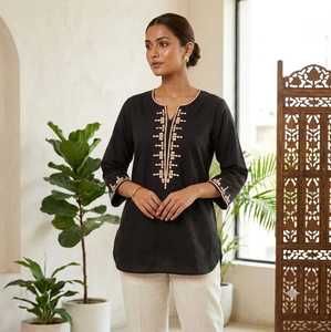 Orange Embroidered Cotton Work Indian Pakistani <b>Top</b> Long Sleeve Muslim <b>Kaftan</b> Tunic Eid Daily Wear Floor-Length Recycled - Product Image 6