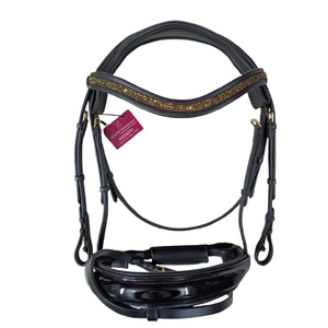 Bridon en cuir noir avec garnitures dorées, têtière réglable et nezette en cuir verni – Équipement d'équitation - Product Image 1