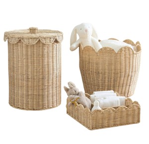 Tall Scalloped Rattan Basket with Lid Woven Decorative Storage <b>Box</b> Large Neutral Kids Nursery Room Toy <b>Hamper</b> Bin - Product Image 2