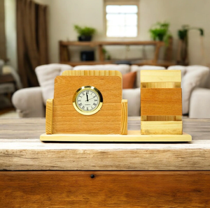 Support à stylos en bois, artisanat indien avec horloge, porte-stylos promotionnel en bois, organisateur de bureau multifonctionnel, décoration d'intérieur, cadeau - Product Image 1
