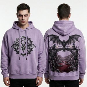 Wholesale Purple Acid Wash Hoodie Custom Logo Men Streetwear Oversized Pullover Heavy Cotton Graphic Printed Gothic Bat Hoodie - Product Image 1