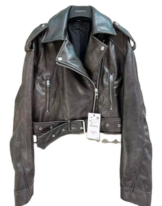 Blouson moto homme en cuir véritable noir, coupe ajustée, col rabattable, détail ceinture, longueur courte, imperméable, respirant, coupe-vent - Product Image 3
