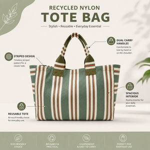 Recycled <b>Nylon</b> Fabric Fashion <b>Tote</b> Bag with Striped Design Reusable Large Capacity Shoulder Shopping Beach Travel Bag - Product Image 6