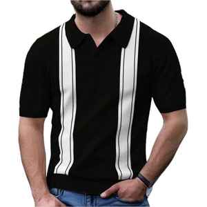 เสื้อโปโลผู้ชายสีดำลายทางถัก แขนสั้น สไตล์ลำลอง ติดกระดุม ทรงปกติ - Product Image 2