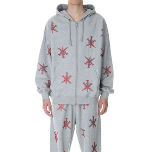 Conjunto Deportivo Unisex Gris con Capucha, Estampado de Estrella Roja, Cremallera Completa en las Mangas, Ropa Casual de Otoño, Transpirable, con Pedrería - Product Image 1