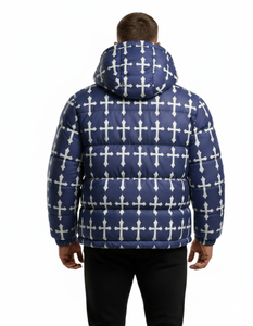 Nouvelle conception – Doudoune matelassée imperméable à capuche pour homme, motif croix bleue, manteau chaud d'hiver, style streetwear, personnalisable sur le devant - Product Image 2