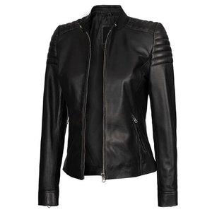 Women's Black Slim Fit Cafe Racer Leather <b>Jacket</b> - Genuine Lambskin Padded Shoulder Biker <b>Jacket</b> with Mandarin Collar - Product Image 1
