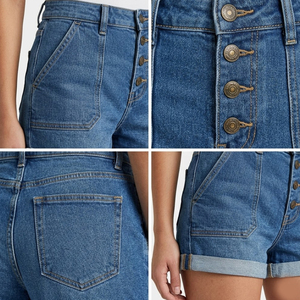 Shorts en jean taille haute de qualité supérieure pour femme, couleur unie, boutonnage frontal, délavage à la pierre, style décontracté d'été, coupe classique, look vintage - Product Image 3