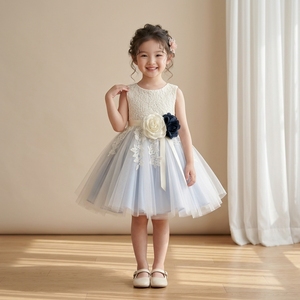 Robe de Demoiselle d'Honneur Tutupetti Élégante et Luxueuse, Bleu Poussière, Dentelle Ivoire, Tulle, Robe de Bal Sans Manches, Princesse, Mariage, Anniversaire, Enfants - Product Image 5