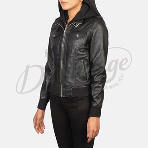 Premium Women Black Real Leather Hooded <b>Bomber</b> <b>Jacket</b> Slim Fit Removable Hoodie Sheepskin Biker <b>Jacket</b> Multi Pocket Coat - Product Image 2