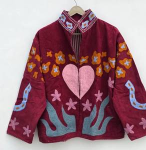 Chaqueta de pana bordada a mano con cuello mandarín, estampado floral, manga larga, estilo Prairie Chic para mujer, venta al por mayor - Product Image 2