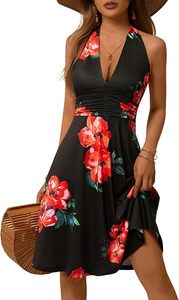 Robe d'été sans manches pour femme, col halter, motif floral, avec poches, taille élastique, mini-robe à volants, collection Printemps 2026 - Product Image 2