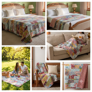 Natural Cotton Kantha Twin Quilt <b>Throw</b> 150x220 cm Hand Block Printed Hand Embroidered Indian Handmade Bedspread Home Bedding Set - Product Image 6