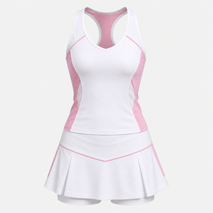 <b>Women</b> Breathable Tennis Dress <b>White</b> Pink Sleeveless Racerback Pleated Skirt Set With <b>Shorts</b> - Product Image 3
