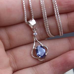 Élégant pendentif de fiançailles en tanzanite de laboratoire, en argent sterling 925 plaqué or, serti clos, collier vintage avec pierre précieuse, cadeau pour elle - Product Image 6