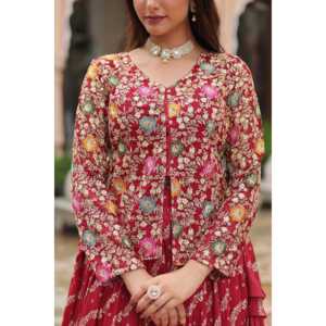 Magnificent Maroon Faux Georgette <b>Bridal</b> Lehenga Choli Set with Intricate Thread-Sequins Embroidered <b>Headwear</b> - Product Image 4