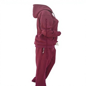 Burgundy Women's Hooded Regular Fit 100% Cotton Heavyweight Fleece Eco-Friendly 400g Sweat Set Top Bottom Custom Color Private - Product Image 1