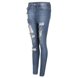 Jeans de Mezclilla Rasgados de Cintura Alta para Mujer, Corte Ajustado, Estilo Otoñal, Color Azul, Algodón y Spandex - Product Image 2