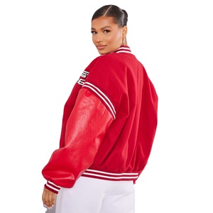 Wholesale Red Varsity <b>Jacket</b> Women PU Leather Sleeves Embroidered Logo Front Turn-Down Collar Full Sleeve Autumn Style - Product Image 2