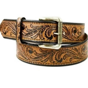 Ceinture en cuir occidentale unisexe, fabrication professionnelle directe d'usine, brun tan, motif floral, sculptée à la main, boucle en laiton - Product Image 4
