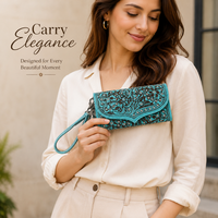 Cartera de Pulsera de Cuero Genuino Premium con Grabado Floral, Cartera Tipo Clutch con Cierre y Borla, Estilo RFID, Cartera Larga para Mujer