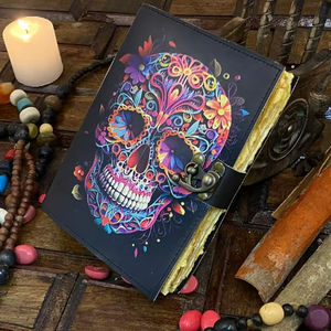 Carnet en cuir véritable imprimé squelette coloré classique, fait main, style vintage, pour livre de sorts, sorcières, païens, couverture Al-amir, fait main - Product Image 4
