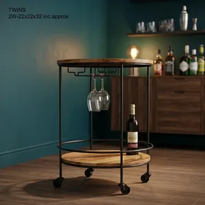 Rustic Round <b>Bar</b> Cart With Wood Top And Metal Frame Two Tier Rolling Wine <b>Trolley</b> With Glass Holder For Home <b>Bar</b> - Product Image 5
