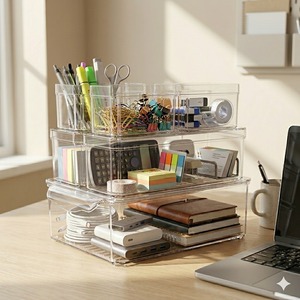 Clear Office Organizer Bins for <b>Desks</b>, Cabinets, Shelves & <b>Workstations</b> – Stackable Storage for Office Supplies - Product Image 1