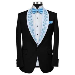 Traje de esmoquin negro para hombre con bordado azul claro, solapa tipo chal, diseño artístico, para fiesta, blazer, trajes de novio para matrimonio - Product Image 1