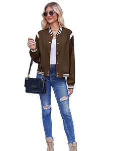 Veste bombardier femmes Varsity décontracté boutonné léger printemps vêtements d'extérieur courts avec poches - Product Image 3