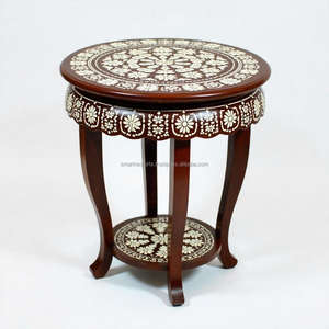 Mesa Auxiliar Redonda Moderna con Incrustaciones de Hueso, Diseño Floral, Mueble de Madera Elegante para Sala de Estar, Dormitorio, Hogar, Hotel, Decoración de Villa - Product Image 1