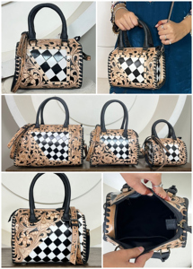 Nouveau Sac de Voyage et Quotidien 2026 en Cuir Véritable Fait Main par un Designer, Modèle Mini Speedy avec Motif Floral à Carreaux Noirs et Blancs - Product Image 3