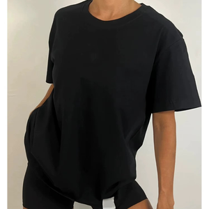 Camiseta Holgada de Algodón Azul Sólido de Manga Corta con Cuello Redondo para Mujer, Top Transpirable de Punto para Todas las Estaciones - Product Image 4