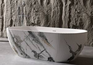 Bañera Ovalada Moderna de Mármol Cultivado con Rayas Verticales, Bañera Independiente de Resina Compuesta Artificial, Ecológica, con Masaje de Aire - Product Image 2