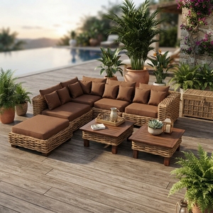 Outdoor Rattan Woven Sofa Set Mahogany Wood Frame Wicker Furniture Ksvw Cushion Lounge Sofa Coffee Table Setup Art Design - Product Image 3
