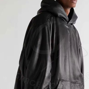 Conception personnalisée OEM, sweat-shirts à capuche en cuir véritable pour hommes, hiver, couleur unie, poches avant, 100% cuir, manches longues, décontracté, respectueux de l'environnement - Product Image 4