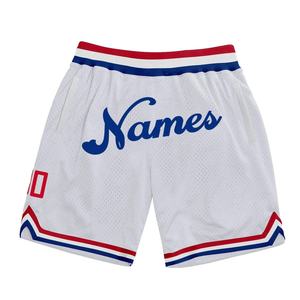 Custom <b>Men's</b> White Basketball <b>Shorts</b> with Solid <b>Red</b> Blue Trim Elastic Waist Mesh Sporty Style 100% Polyester Quick Dry Pockets - Product Image 1