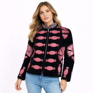 Chaqueta de Terciopelo Negro con Bordado Suzani Rosa, Reversible, Acolchada, Estilo Varsity, Talla XL, Otoño Invierno, Tela Satén, Forro de Algodón - Product Image 1