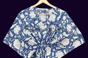 Indigo Blue Cotton <b>Kaftan</b> Dress with Jaipuri Hand Block Floral Prints, Summer Loungewear Resort Wear V-Neck Loose Fit <b>Maxi</b> Dress - Product Image 3