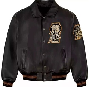 Blouson aviateur en cuir noir pour homme, col rabattu, patch brodé, manches classiques, idéal pour l'automne - Product Image 1